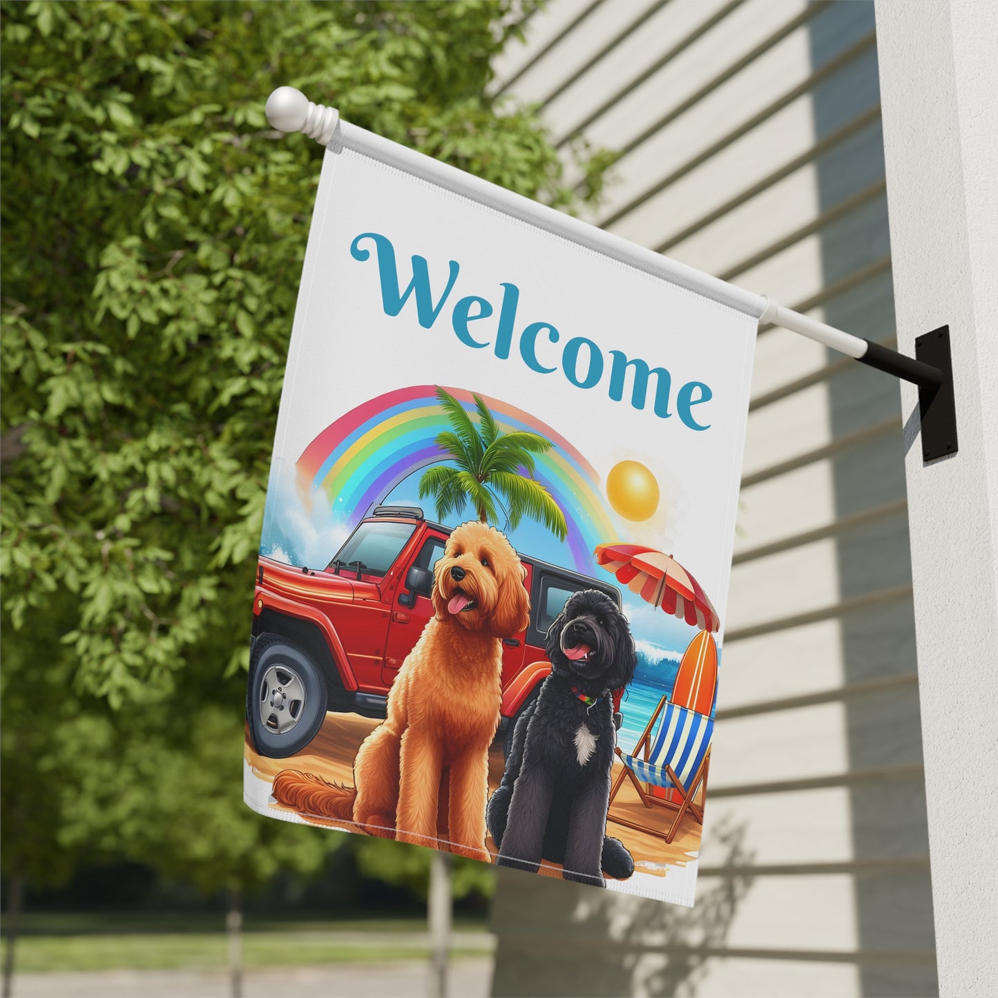 Welcome Beach Jeep Doodle Garden Flag & House Banner