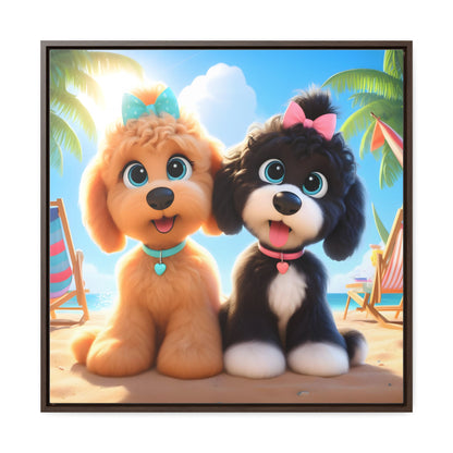 Doodle Puppies on Beach, Cartoon Inspired - Wooden Gallery Canvas Pictures - Square Frame - Nice!