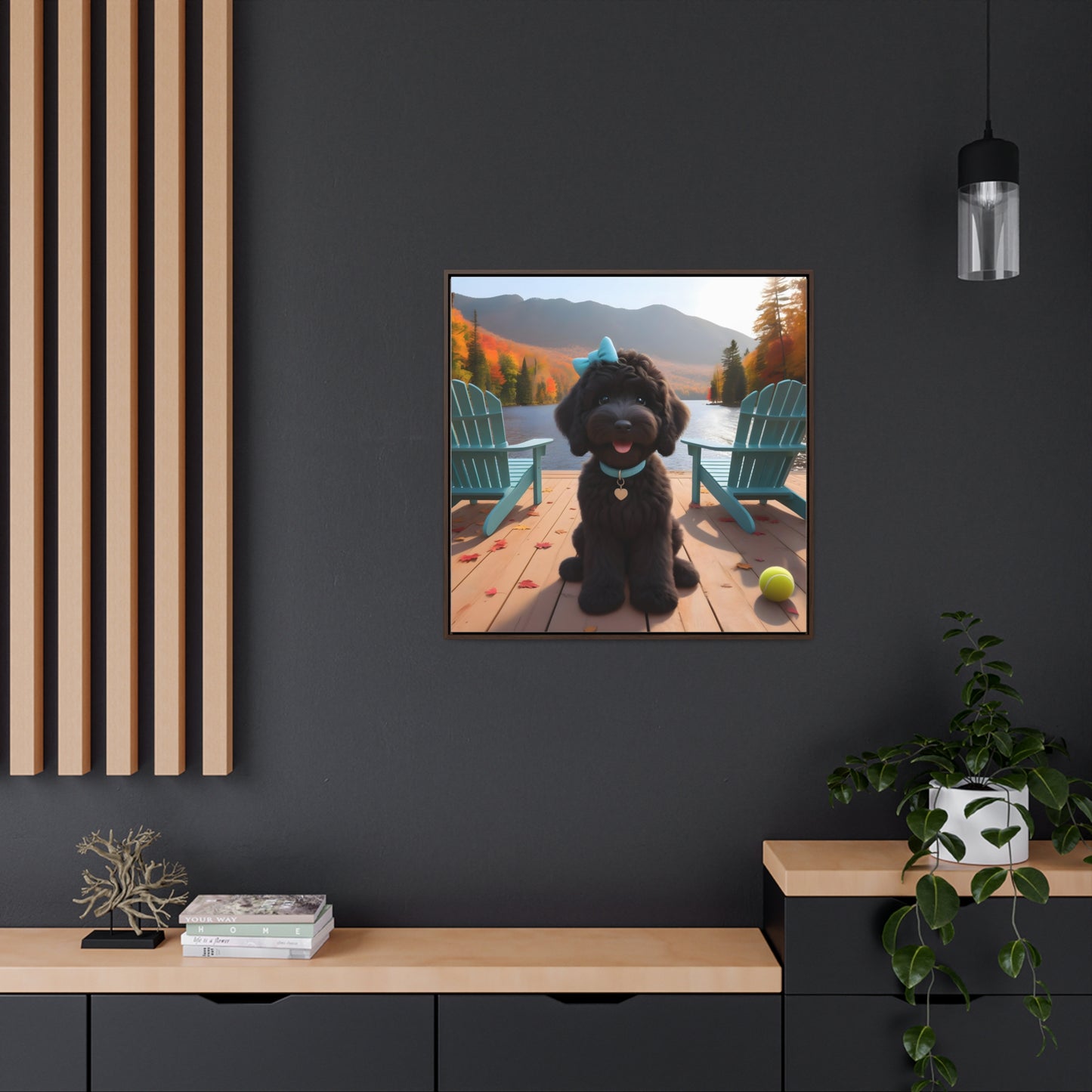 Black Doodle on Dock by Lake - Wooden Gallery Canvas Picture - Square Frame - Nice!