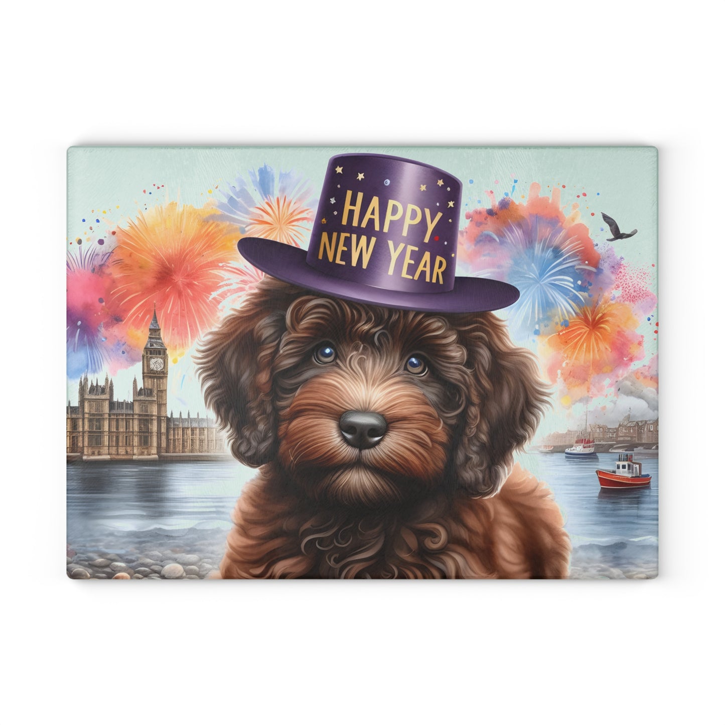 Chocolate Brown Doodle Happy New Year - Glass Cutting Board