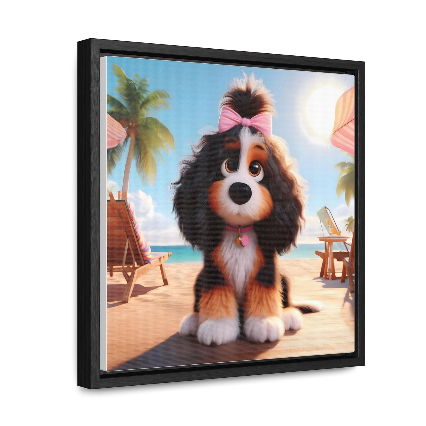 Bernedoodle Puppy, Cartoon Inspired - Wooden Gallery Canvas Picture - Square Frame - Nice!