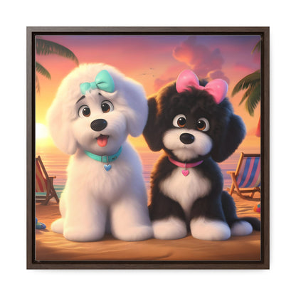 Doodle Puppies on Beach, Cartoon Inspired - Wooden Gallery Canvas Picture - Square Frame - Nice!