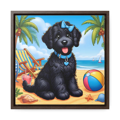 Black Doodle Puppy Cartoon Inspired - Wooden Gallery Canvas Picture - Square Frame - Nice!