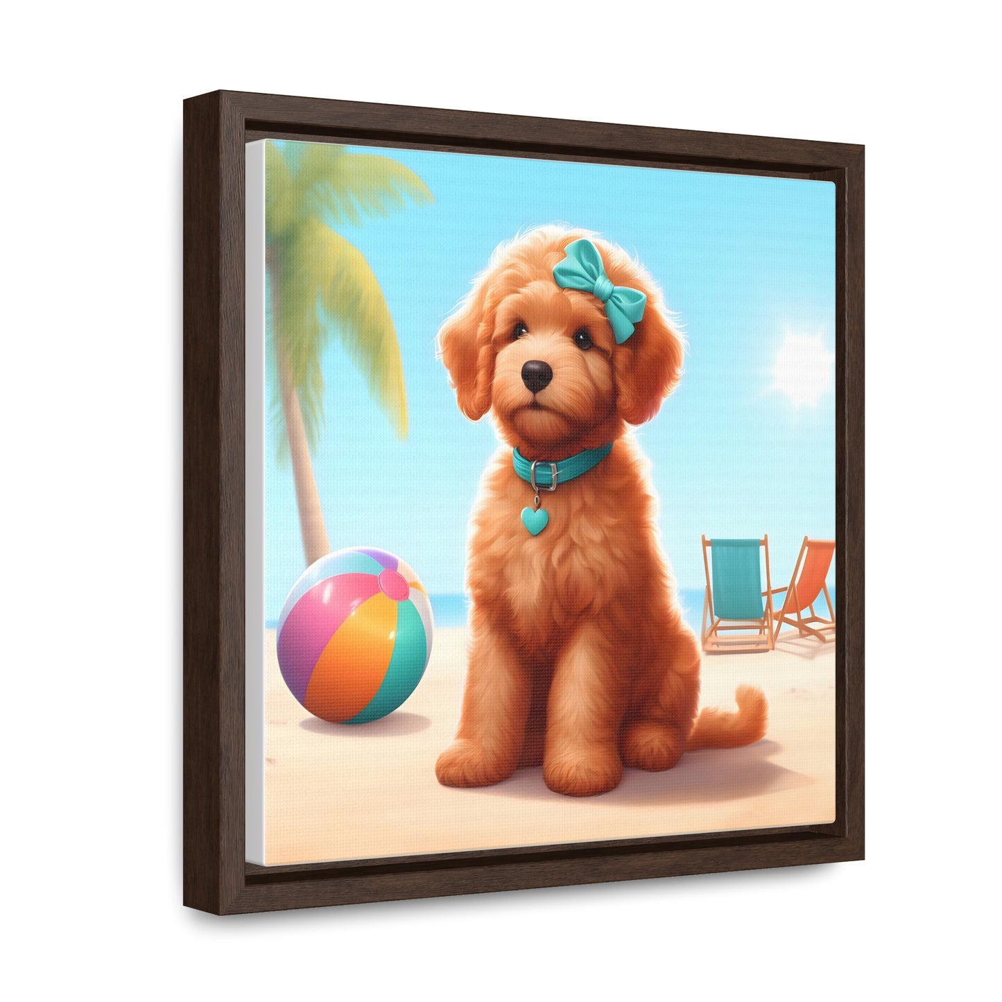 Doodle Puppy on Beach - Wooden Gallery Canvas Picture, Square Frame! Nice!