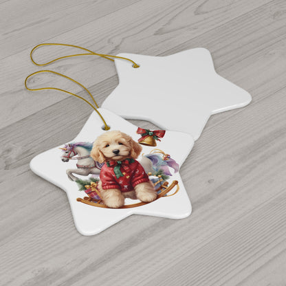 Christmas Doodle Puppy Ceramic Ornament, 4 Shapes