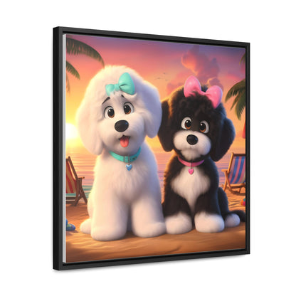 Doodle Puppies on Beach, Cartoon Inspired - Wooden Gallery Canvas Picture - Square Frame - Nice!