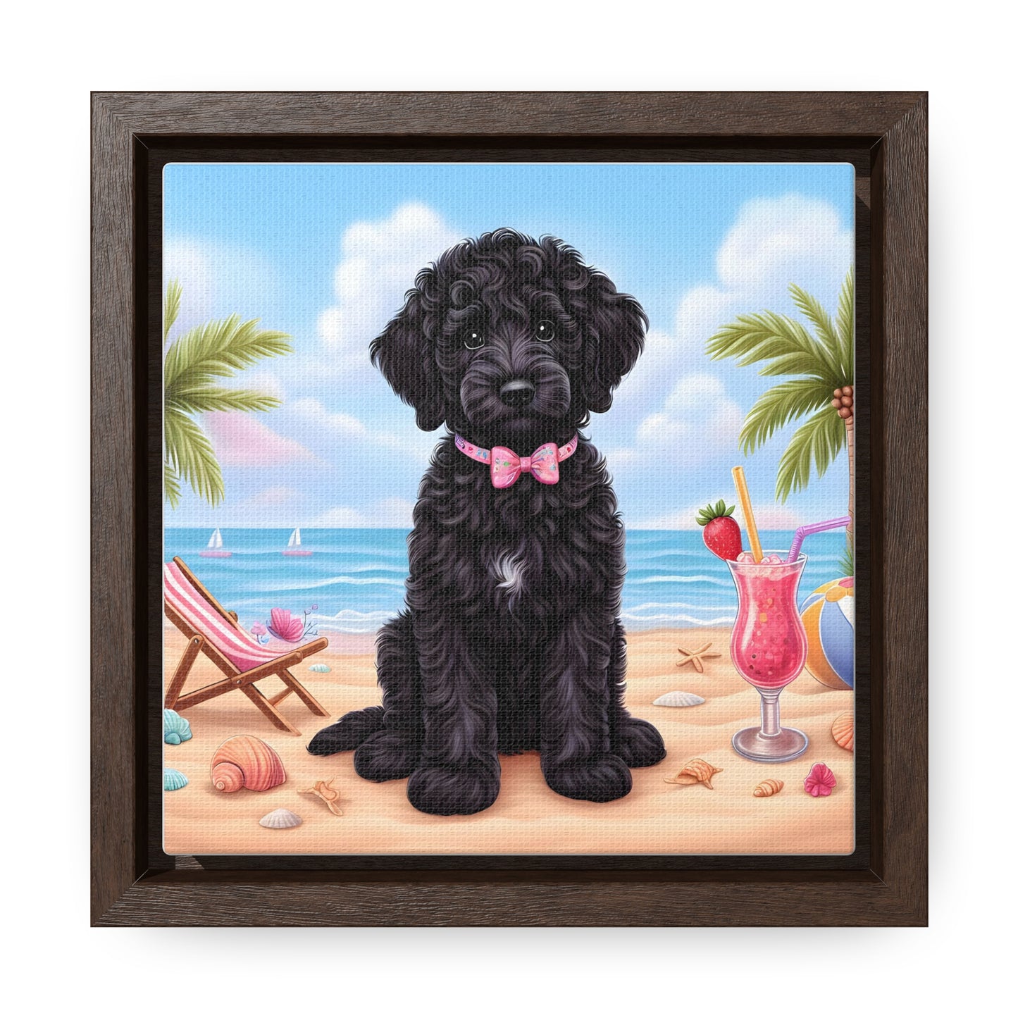 Black Doodle Puppy Cartoon Inspired - Wooden Gallery Canvas Picture - Square Frame - Nice!