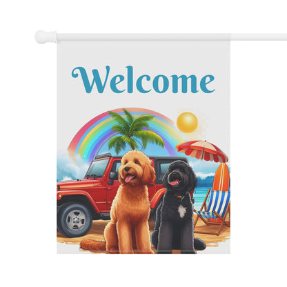 Welcome Beach Jeep Doodle Garden Flag & House Banner