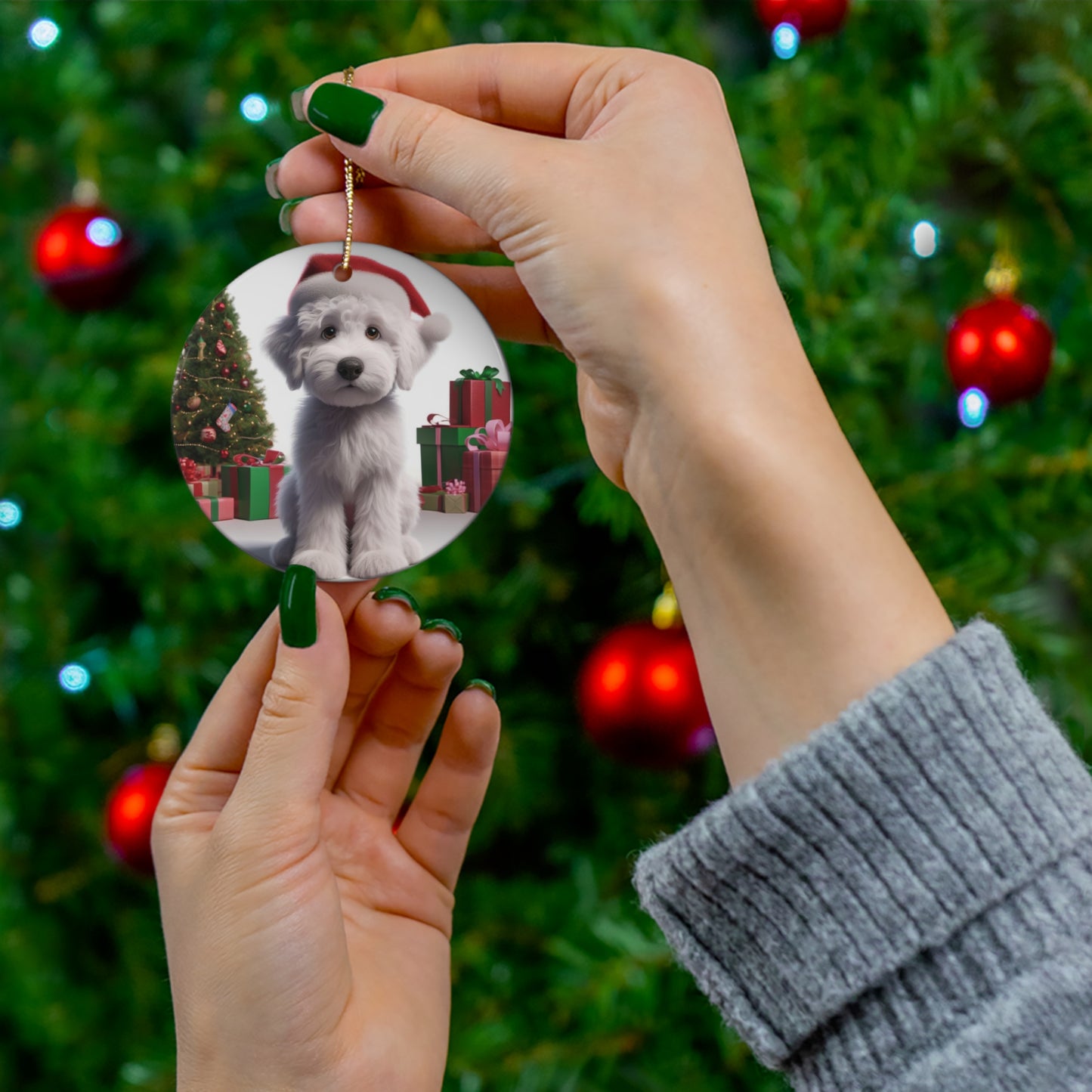 Christmas White Doodle Cartoon Inspired Ceramic Ornament