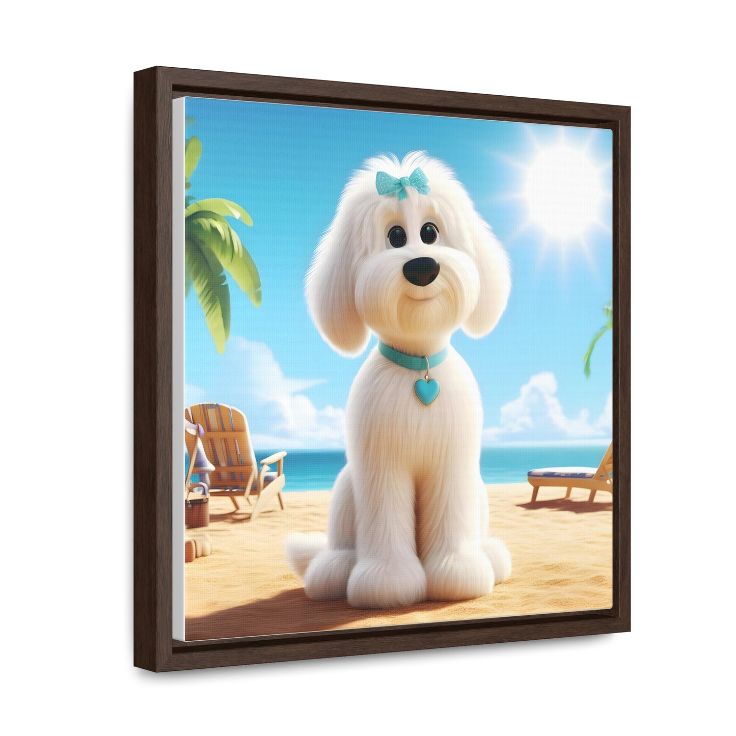 White Doodle Puppy Cartoon Inspired - Wooden Gallery Canvas - Square Frame - Nice!