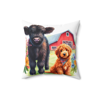 Scottish Highland Cow Doodle Spun Polyester Square Pillow