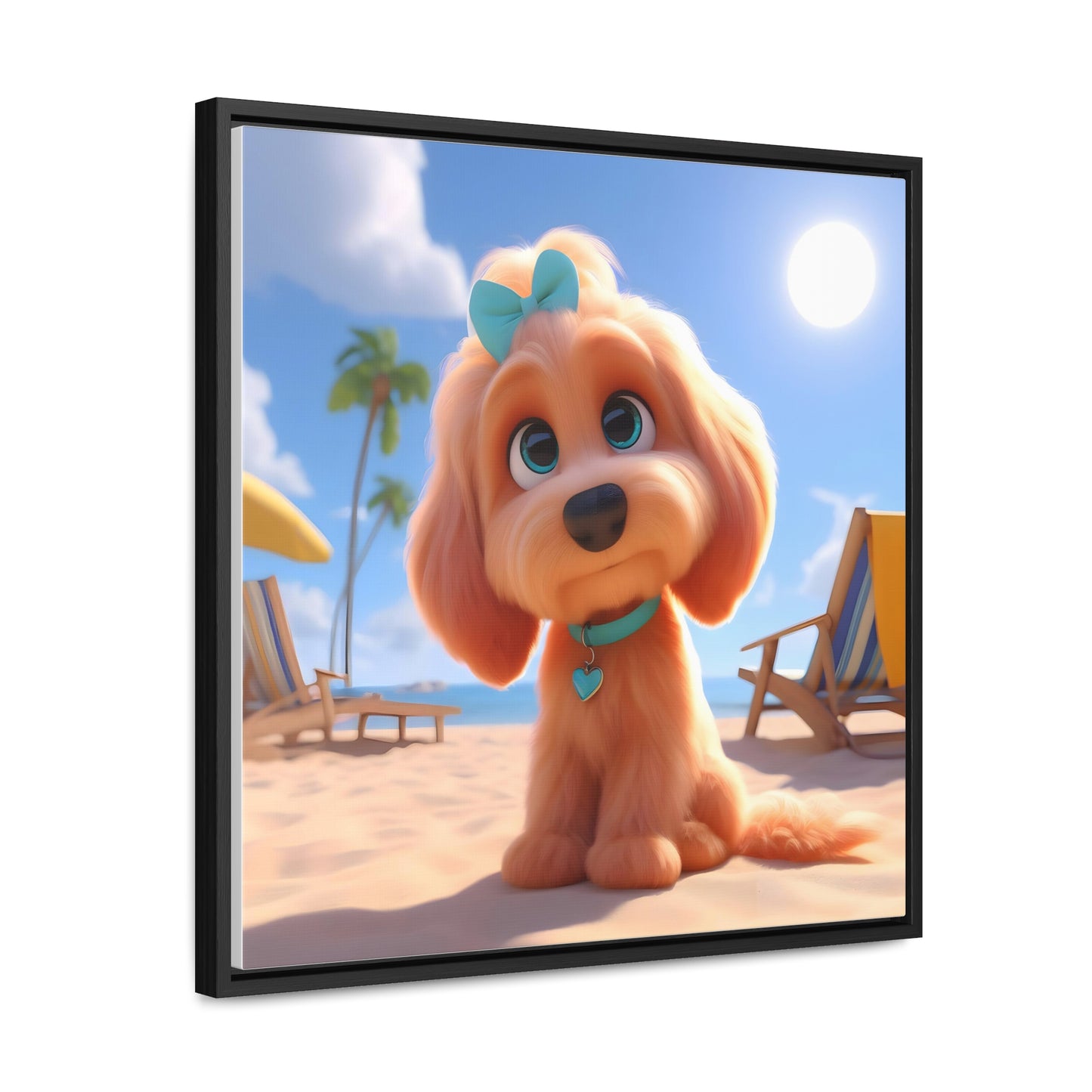 Doodle Cartoon Inspired Puppy w/Blue Collar & Bow - Wooden Gallery Canvas Picture - Square Frame - Nice!