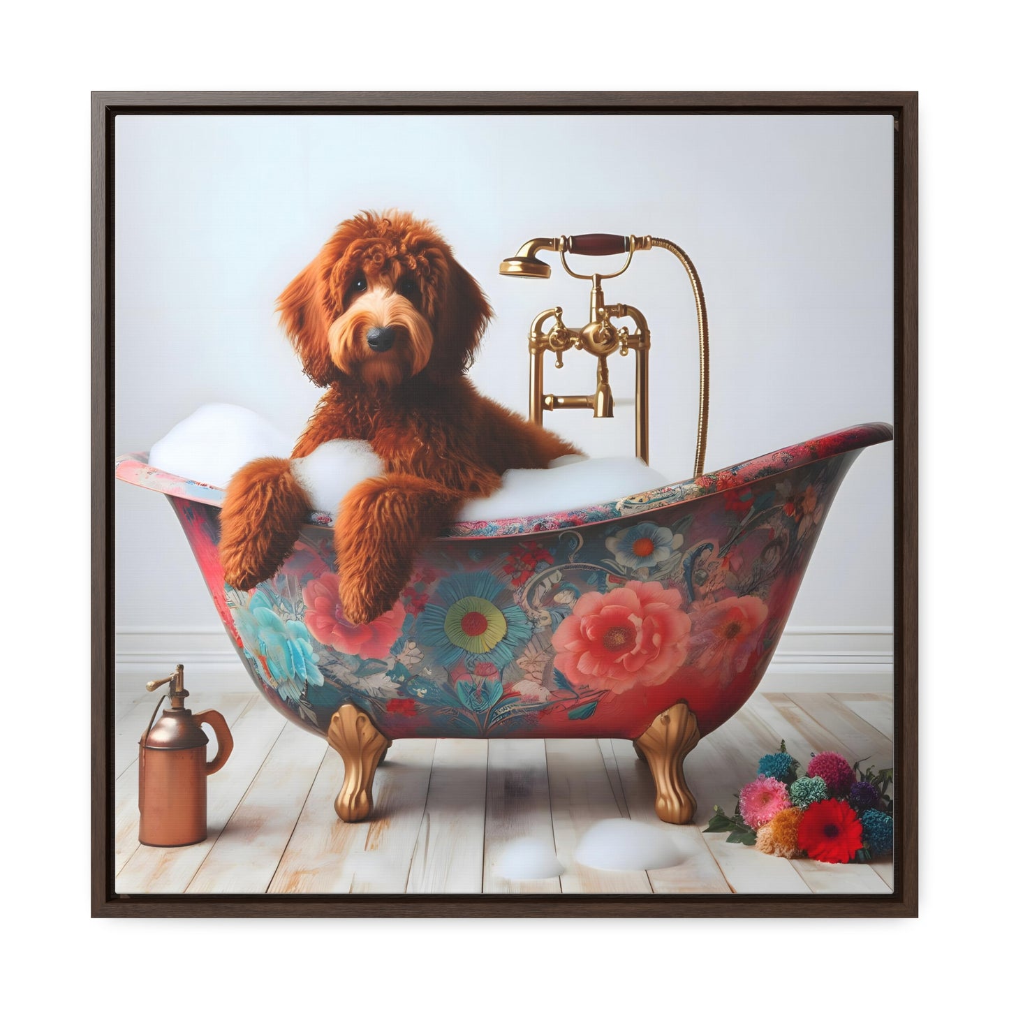 Red Doodle Antique Tub Gallery Canvas Picture - Wooden Square Frame - Nice!