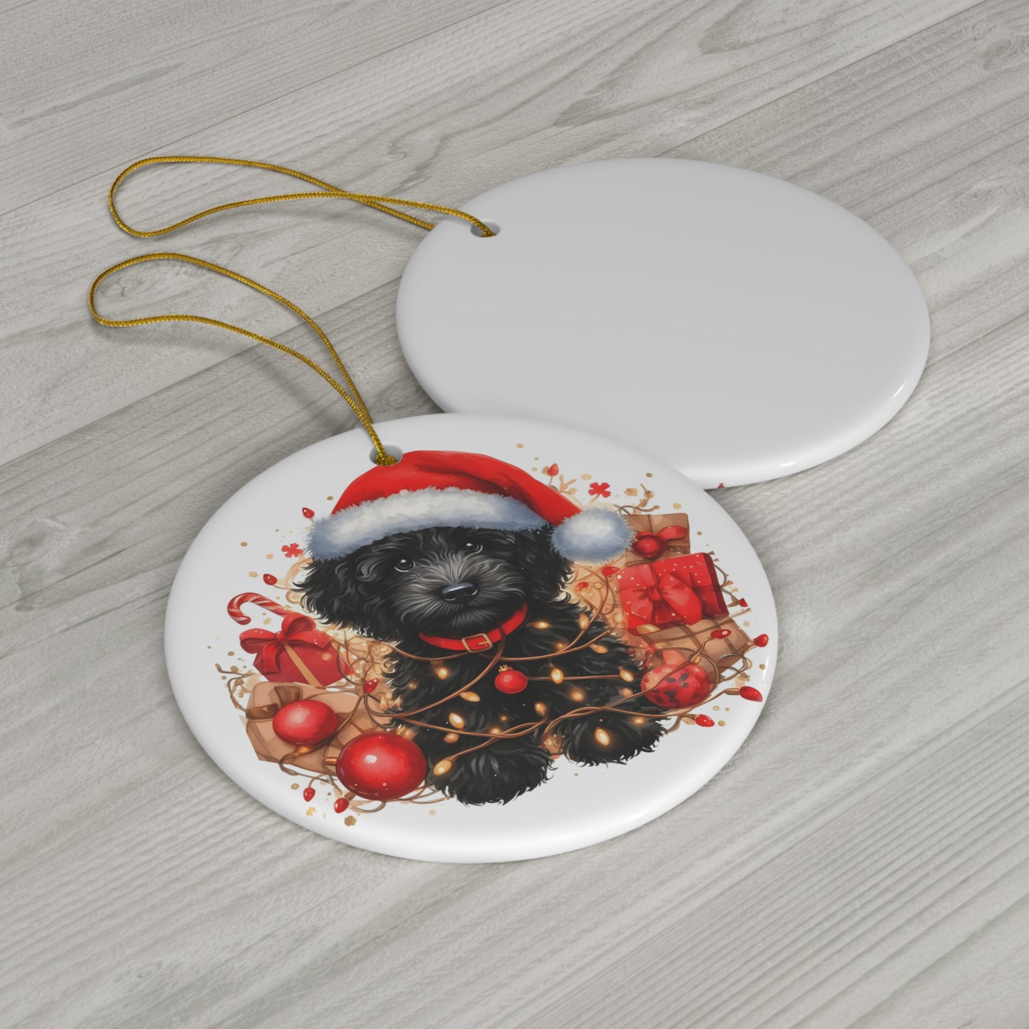 Christmas Black Doodle Puppy Ceramic Ornament