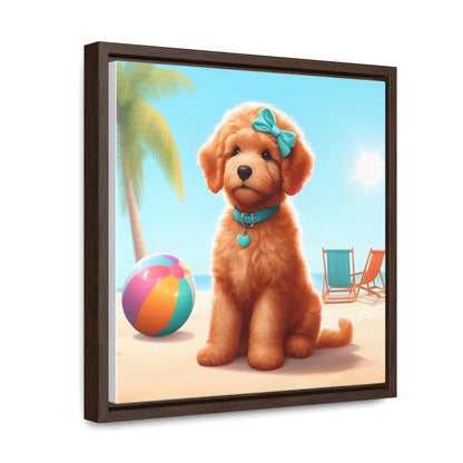 Doodle Puppy on Beach - Wooden Gallery Canvas Picture, Square Frame! Nice!