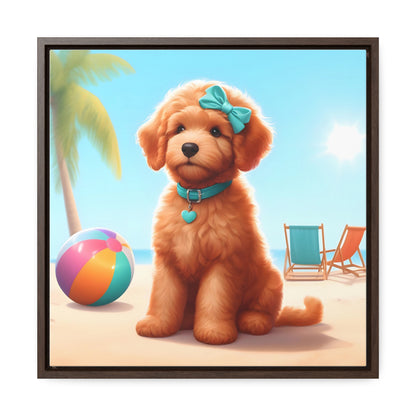 Doodle Puppy on Beach - Wooden Gallery Canvas Picture, Square Frame! Nice!