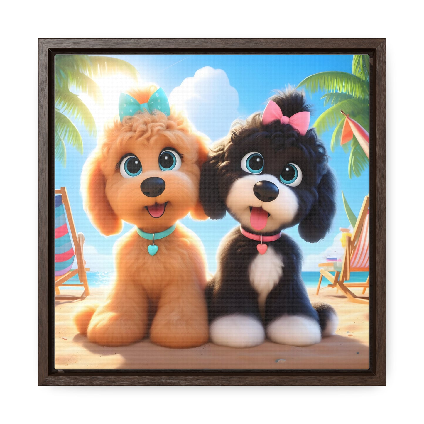 Doodle Puppies on Beach, Cartoon Inspired - Wooden Gallery Canvas Pictures - Square Frame - Nice!