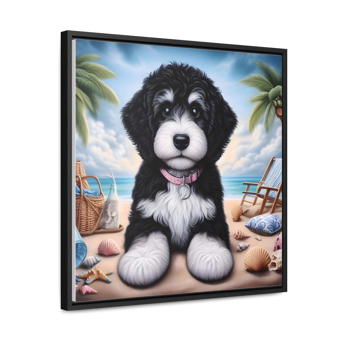 Black & White Doodle Puppy on Beach - Wooden Gallery Canvas Picture - Square Frame - Nice!