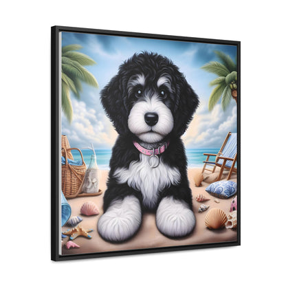 Black & White Doodle Puppy on Beach - Wooden Gallery Canvas Picture - Square Frame - Nice!