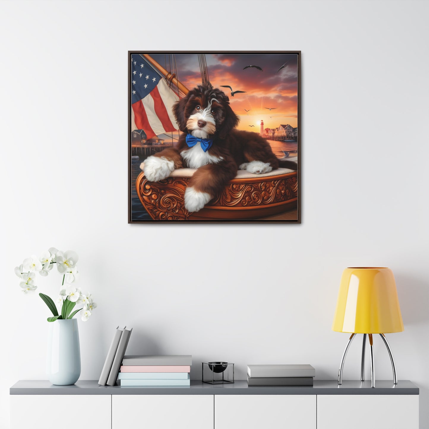 Brown and White Bernedoodle on Sailboat - Wooden Gallery Canvas Picture - Square Frame - Nice!