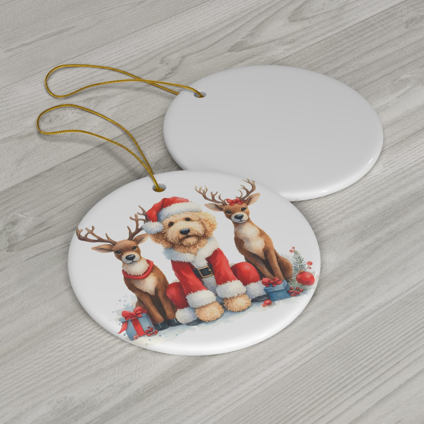 Christmas Santa Doodle w/Reindeer Ceramic Ornament, 4 Shapes