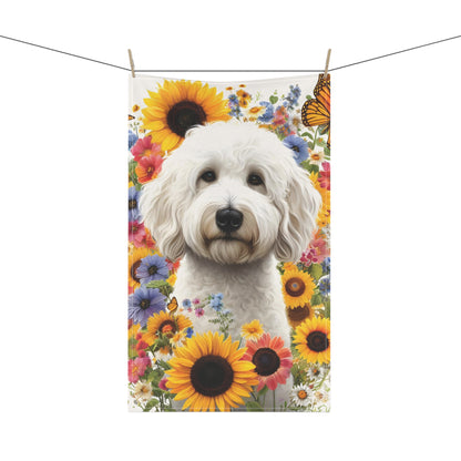 White Sunflower Doodle Kitchen Towel