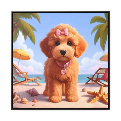 Doodle Puppy on Beach Pink Collar and Bow - Wooden Gallery Canvas Picture - Square Frame - Nice!