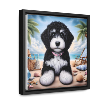 Black & White Doodle Puppy on Beach - Wooden Gallery Canvas Picture - Square Frame - Nice!