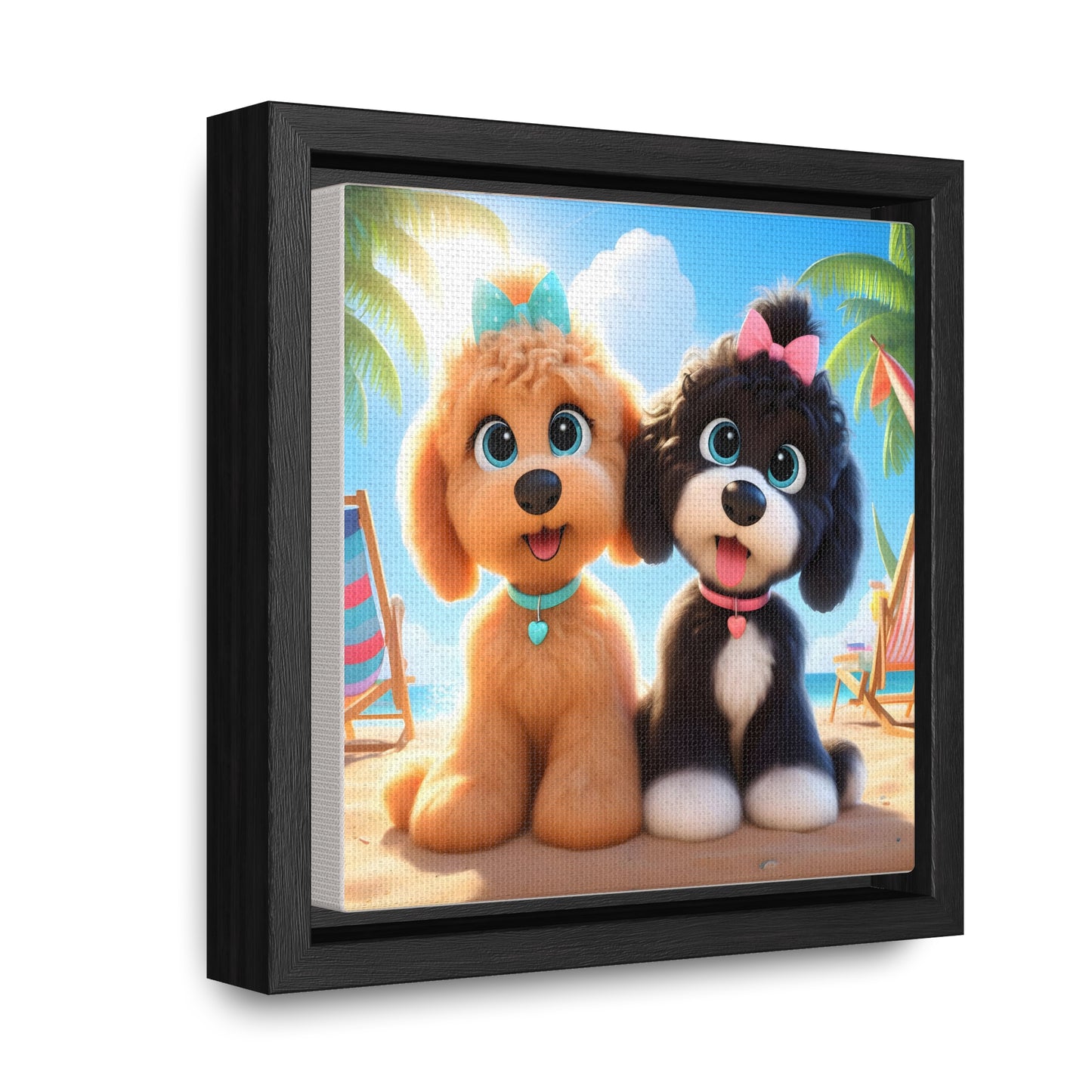 Doodle Puppies on Beach, Cartoon Inspired - Wooden Gallery Canvas Pictures - Square Frame - Nice!