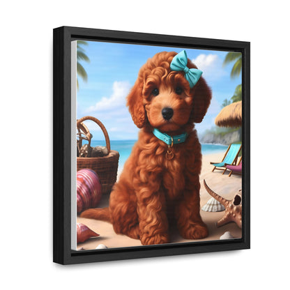 Red Doodle Puppy on Beach - Wooden Gallery Canvas Picture - Square Frame - Nice!