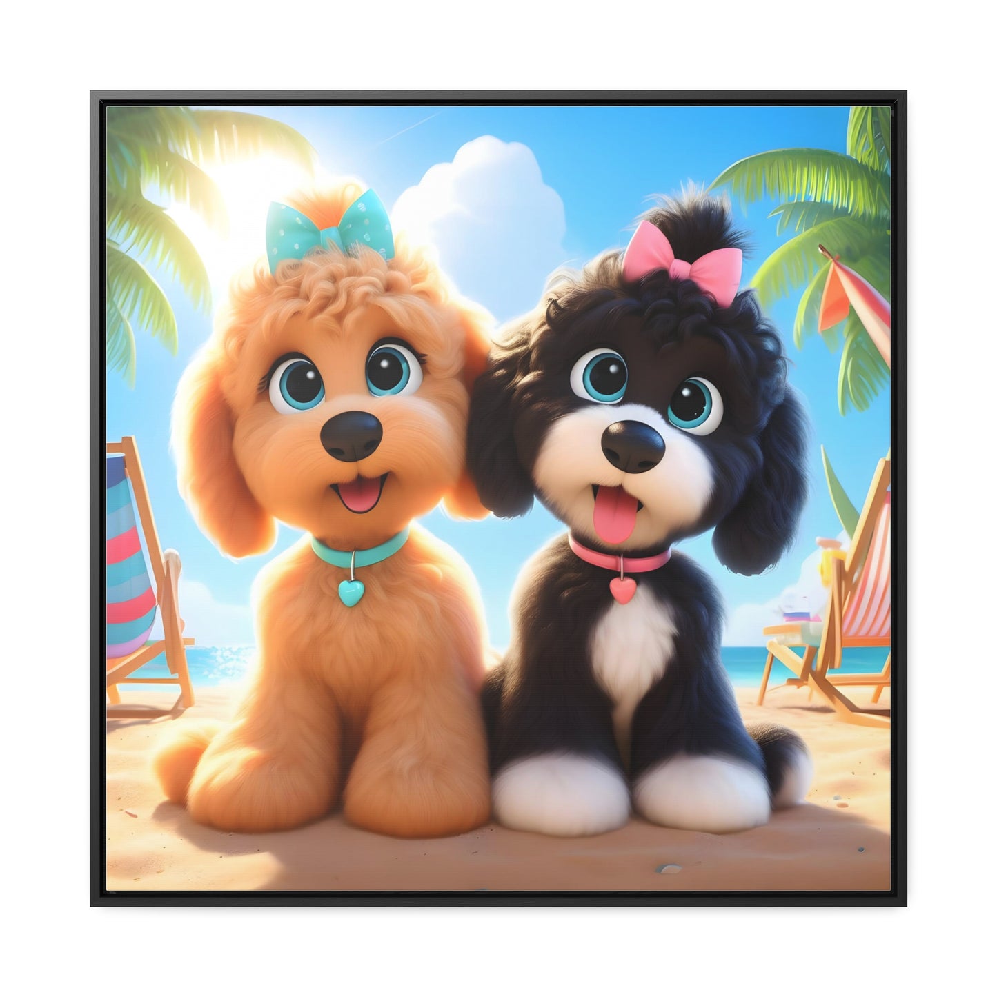 Doodle Puppies on Beach, Cartoon Inspired - Wooden Gallery Canvas Pictures - Square Frame - Nice!