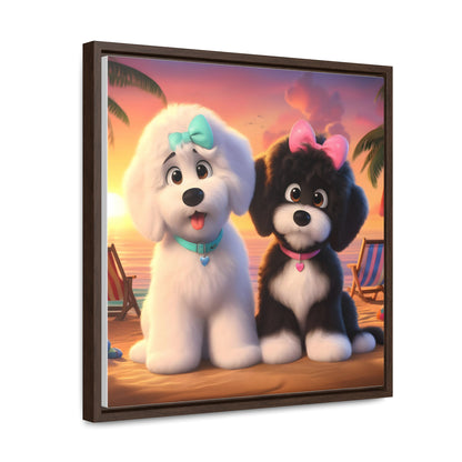 Doodle Puppies on Beach, Cartoon Inspired - Wooden Gallery Canvas Picture - Square Frame - Nice!