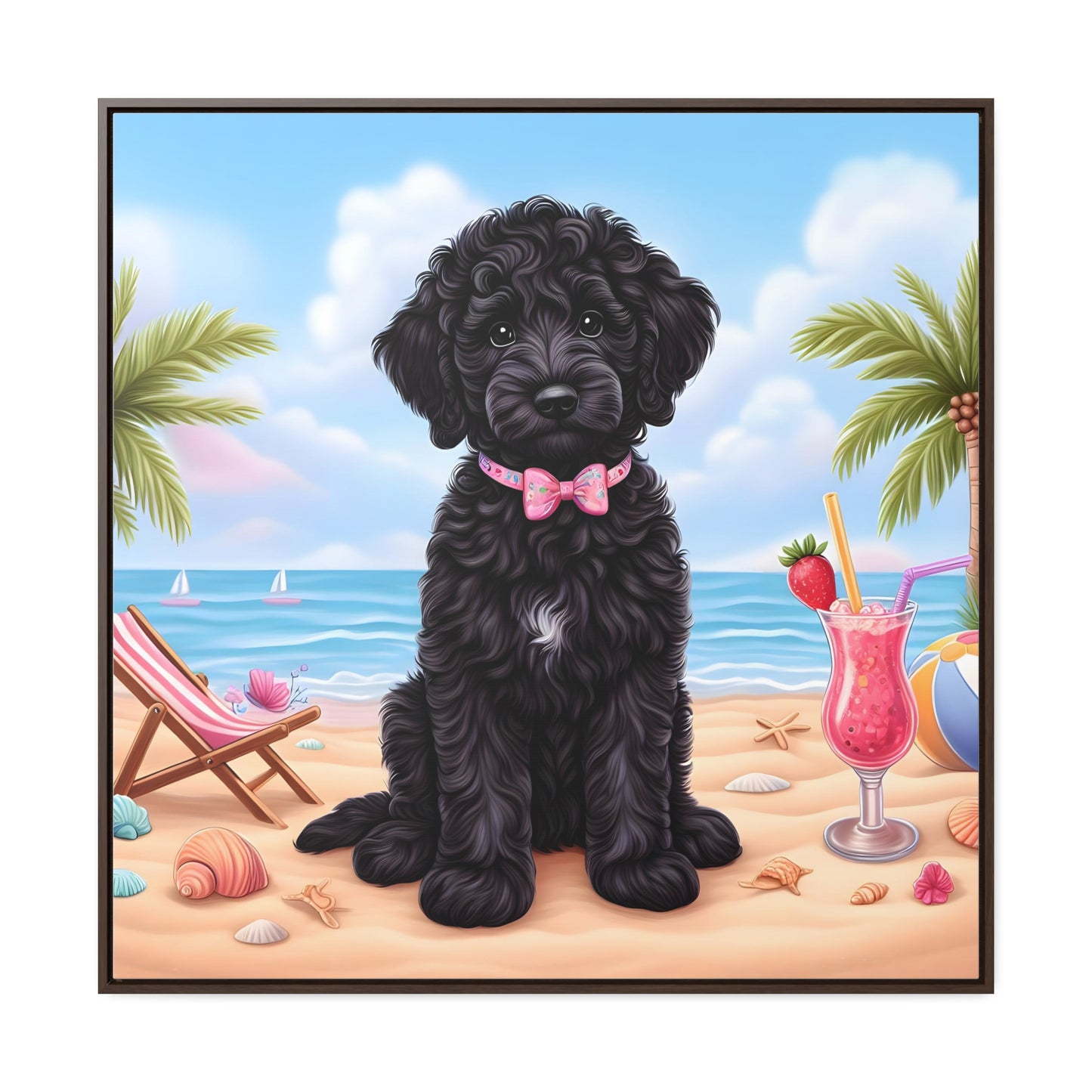 Black Doodle Puppy Cartoon Inspired - Wooden Gallery Canvas Picture - Square Frame - Nice!