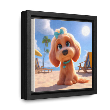 Doodle Cartoon Inspired Puppy w/Blue Collar & Bow - Wooden Gallery Canvas Picture - Square Frame - Nice!