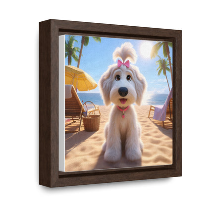 White Doodle Puppy Cartoon Inspired w/Pink Bow - Wooden Gallery Canvas - Square Frame - Nice!