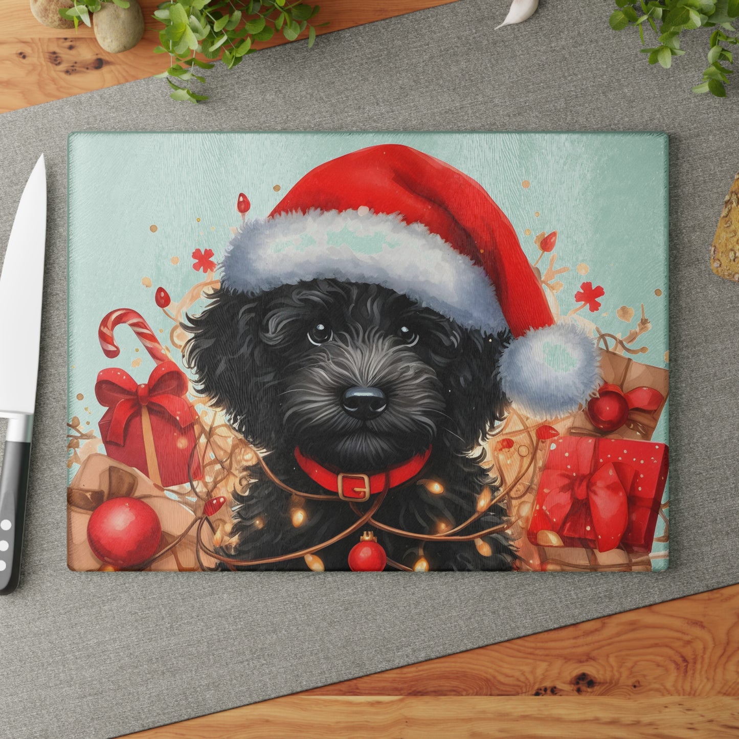 Christmas Black Doodle - Glass Cutting Board