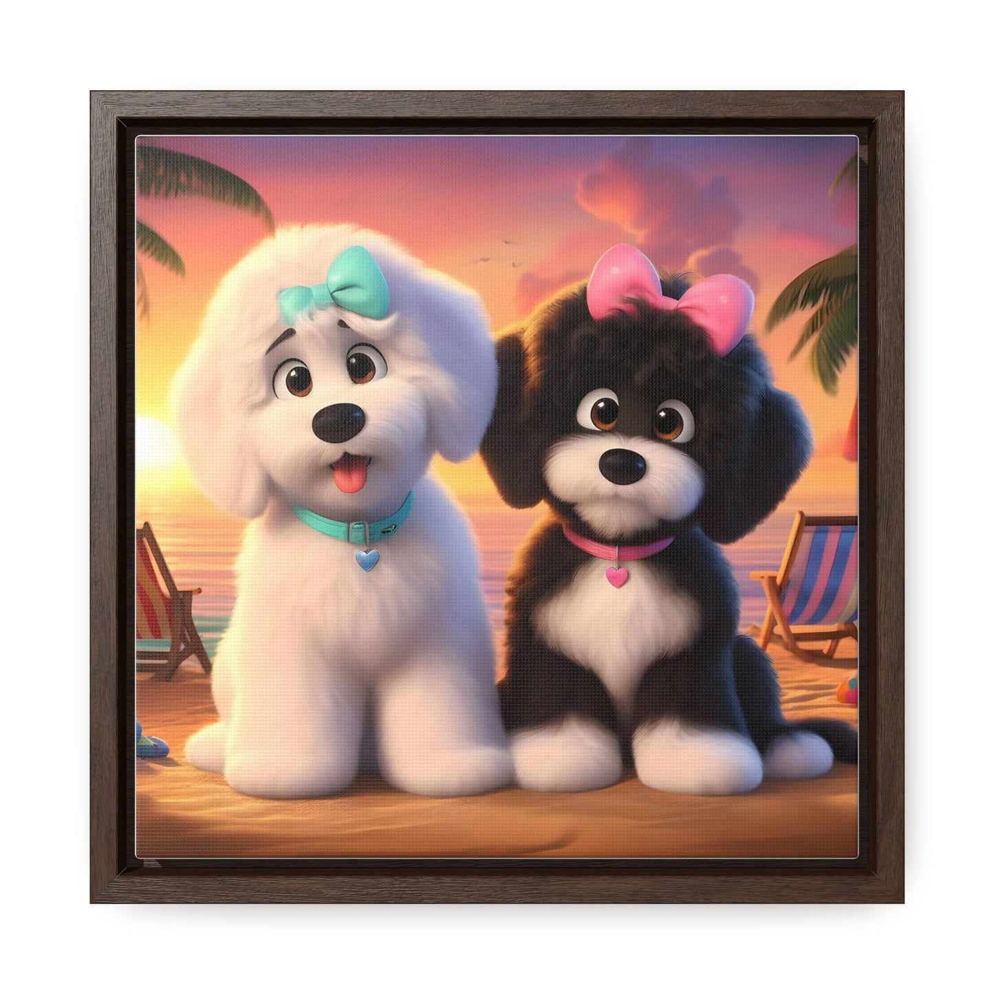 Doodle Puppies on Beach, Cartoon Inspired - Wooden Gallery Canvas Picture - Square Frame - Nice!