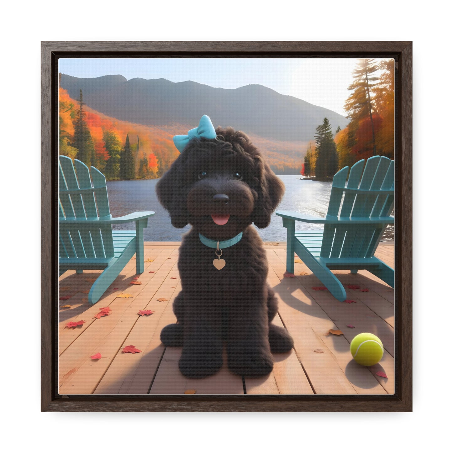 Black Doodle on Dock by Lake - Wooden Gallery Canvas Picture - Square Frame - Nice!