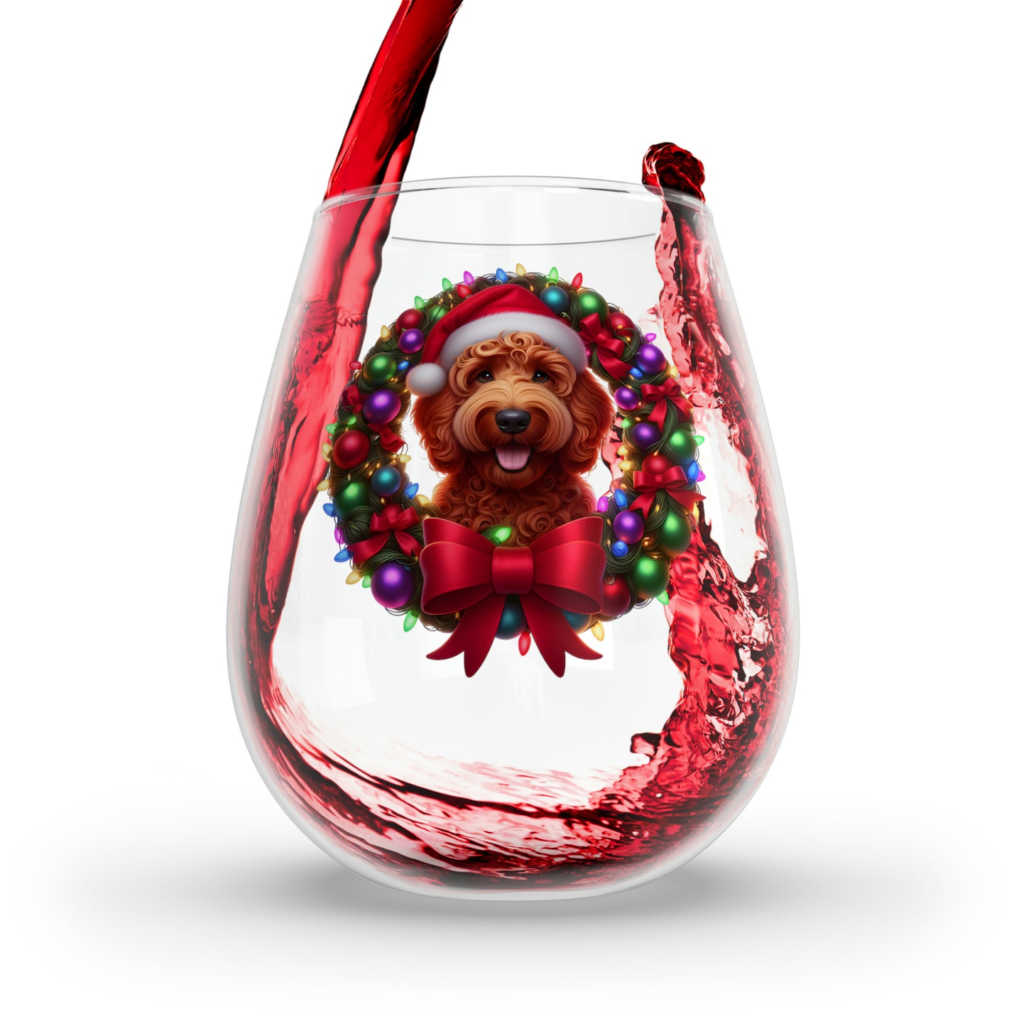 Red Doodle Christmas Wreath - Stemless Wine Glass, 11.75oz