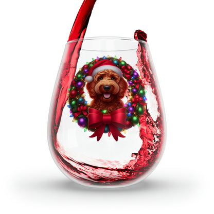 Red Doodle Christmas Wreath - Stemless Wine Glass, 11.75oz