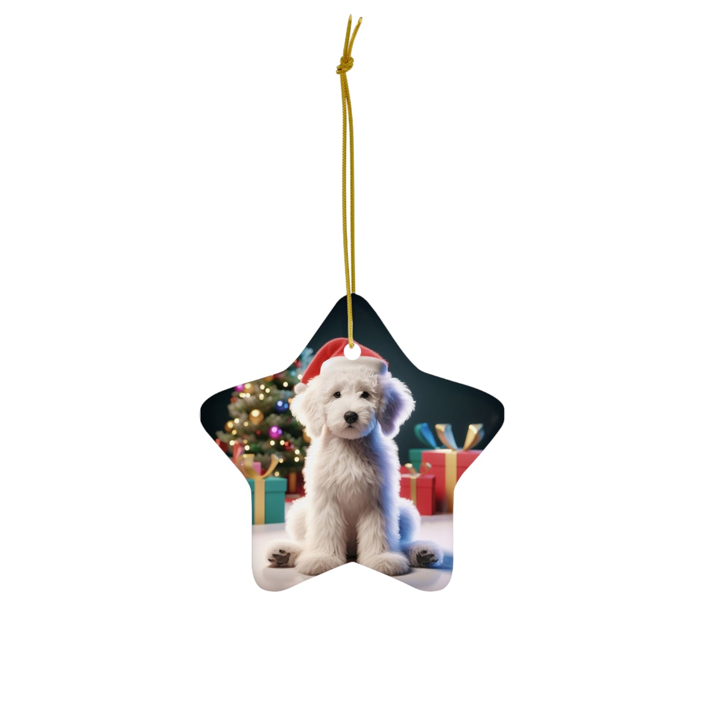 Christmas White Doodle Puppy Ceramic Ornament