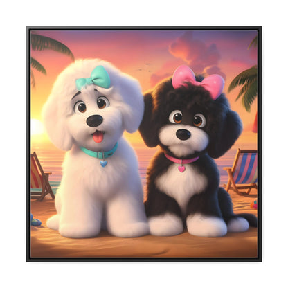 Doodle Puppies on Beach, Cartoon Inspired - Wooden Gallery Canvas Picture - Square Frame - Nice!