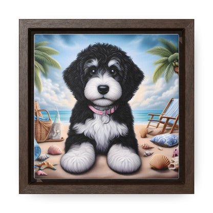 Black & White Doodle Puppy on Beach - Wooden Gallery Canvas Picture - Square Frame - Nice!