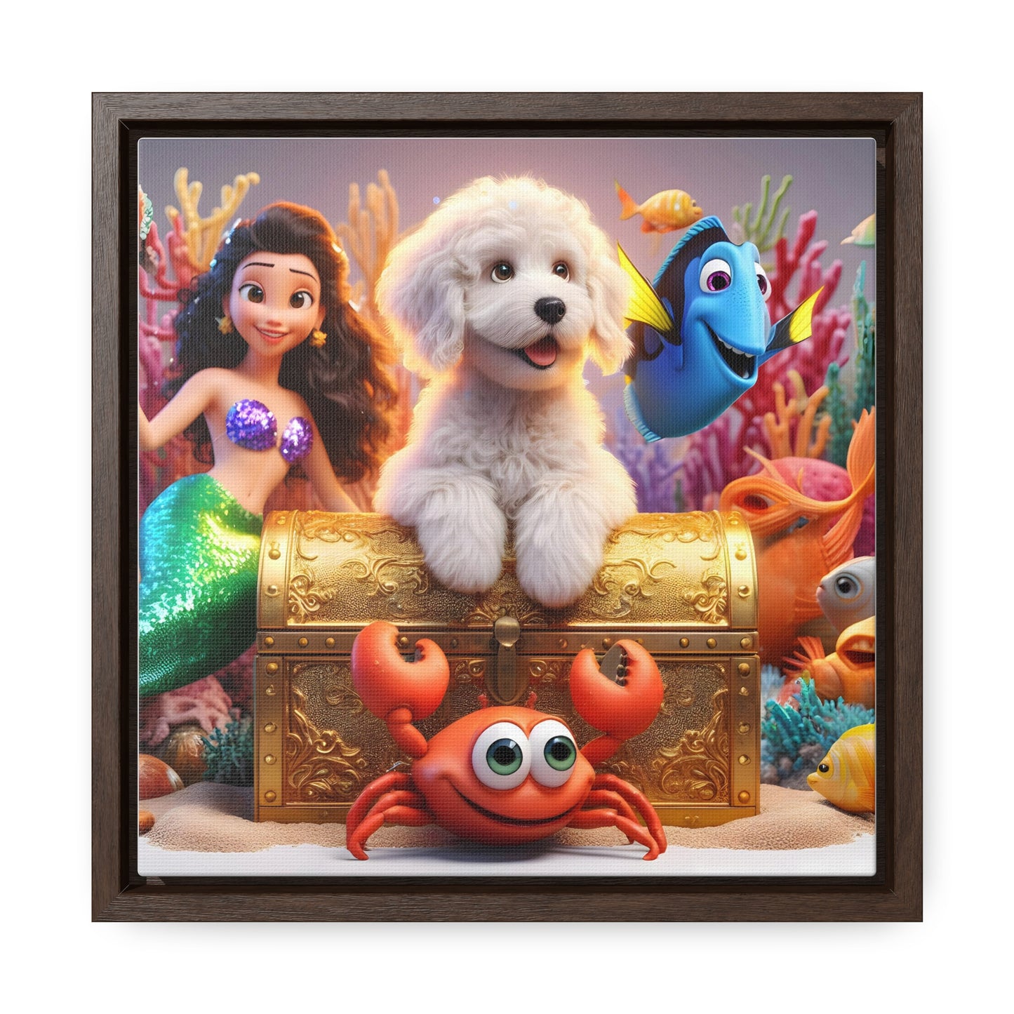 Doodle Mermaid Underwater - Wooden Gallery Canvas Picture - Square Frame - Nice!