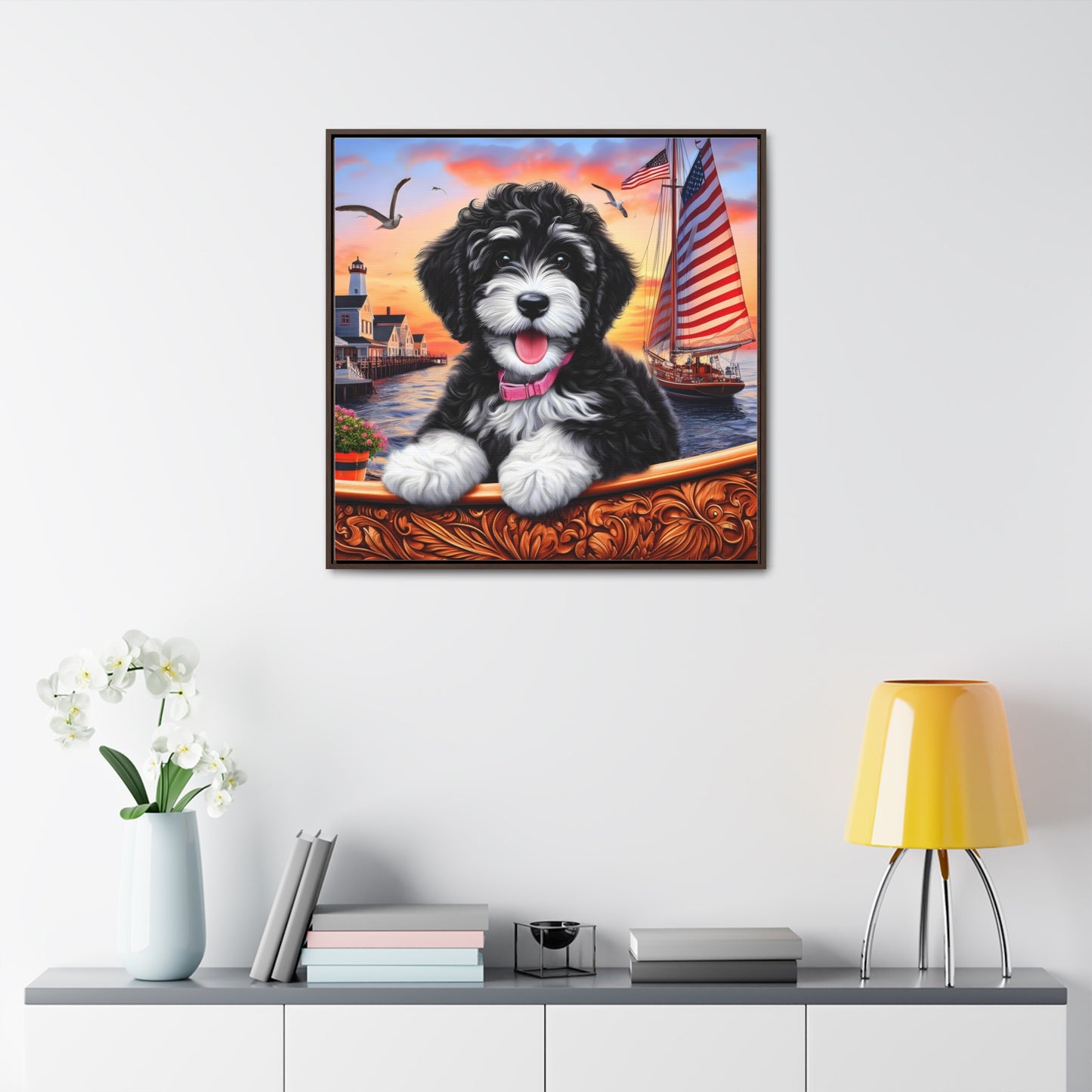 Black and White Doodle on Sailboat at Sunset - Wooden Gallery Canvas Picture - Square Frame - Nice!