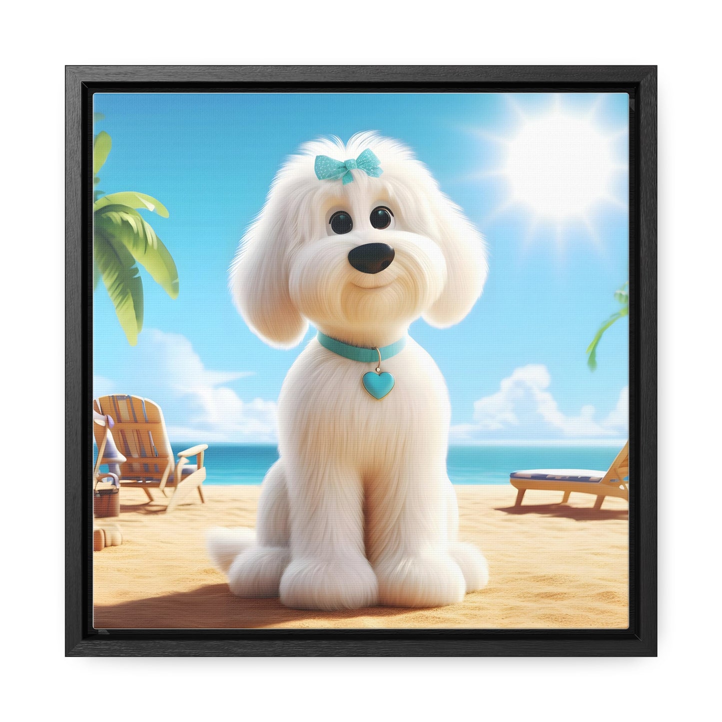 White Doodle Puppy Cartoon Inspired - Wooden Gallery Canvas - Square Frame - Nice!