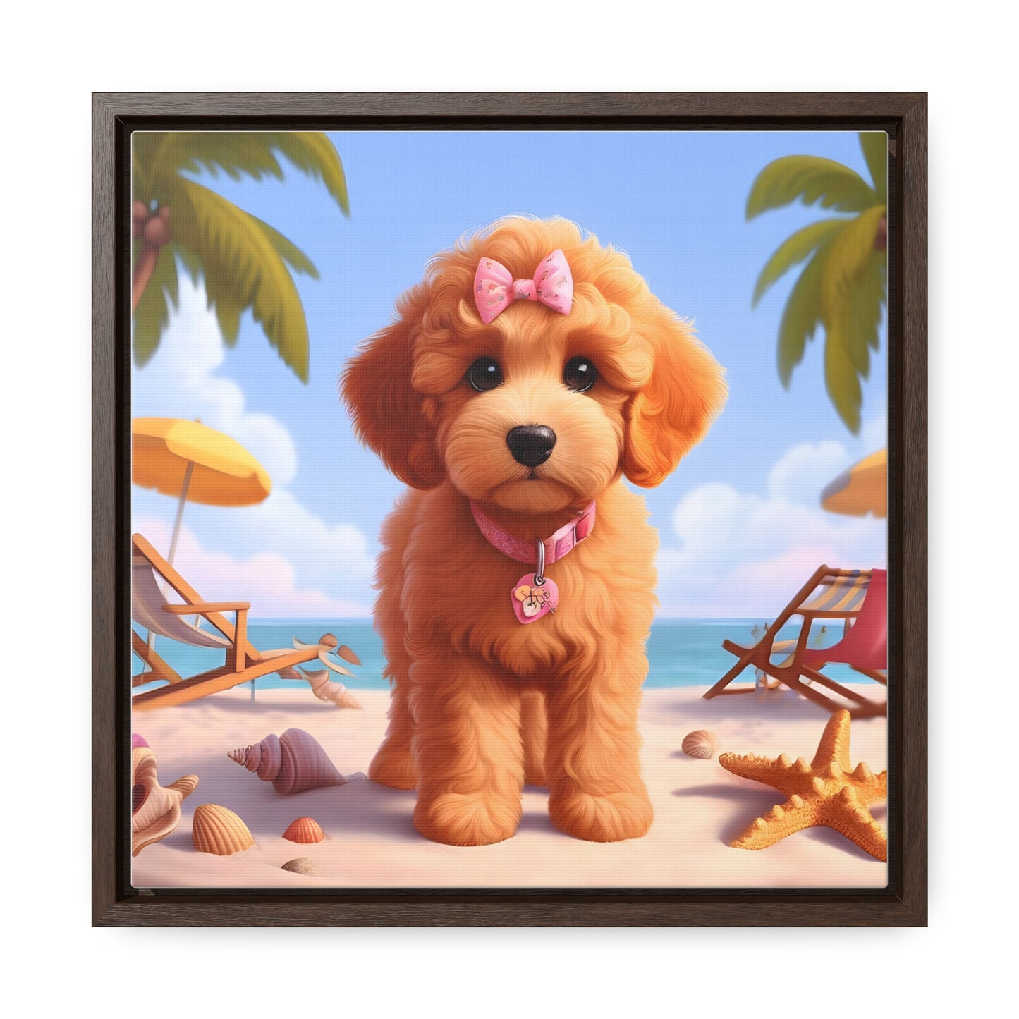 Doodle Puppy on Beach Pink Collar and Bow - Wooden Gallery Canvas Picture - Square Frame - Nice!