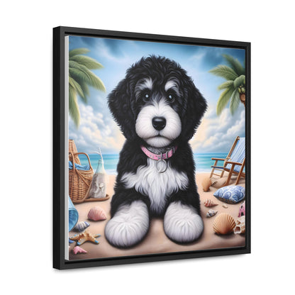 Black & White Doodle Puppy on Beach - Wooden Gallery Canvas Picture - Square Frame - Nice!