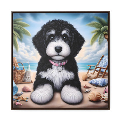 Black & White Doodle Puppy on Beach - Wooden Gallery Canvas Picture - Square Frame - Nice!