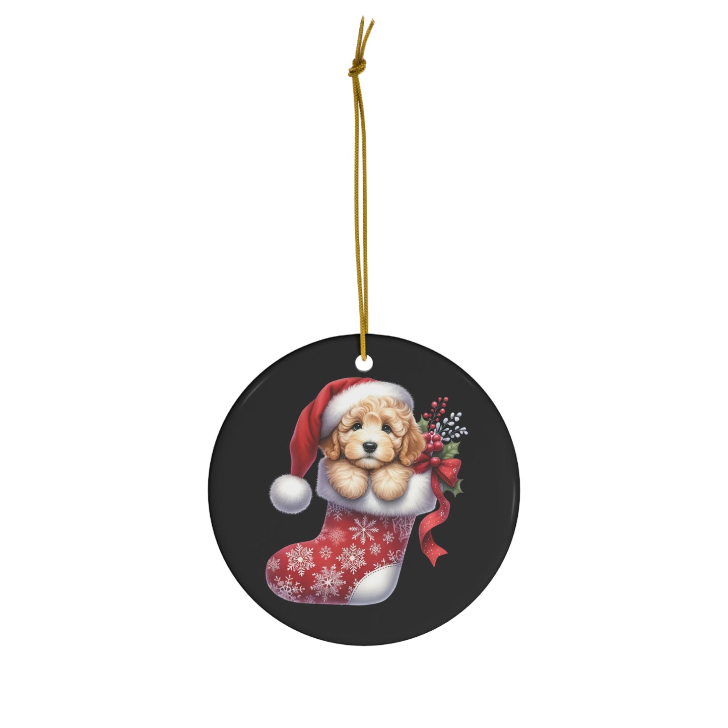 Christmas Doodle Puppy Stocking Ceramic Ornament, 3 Shapes